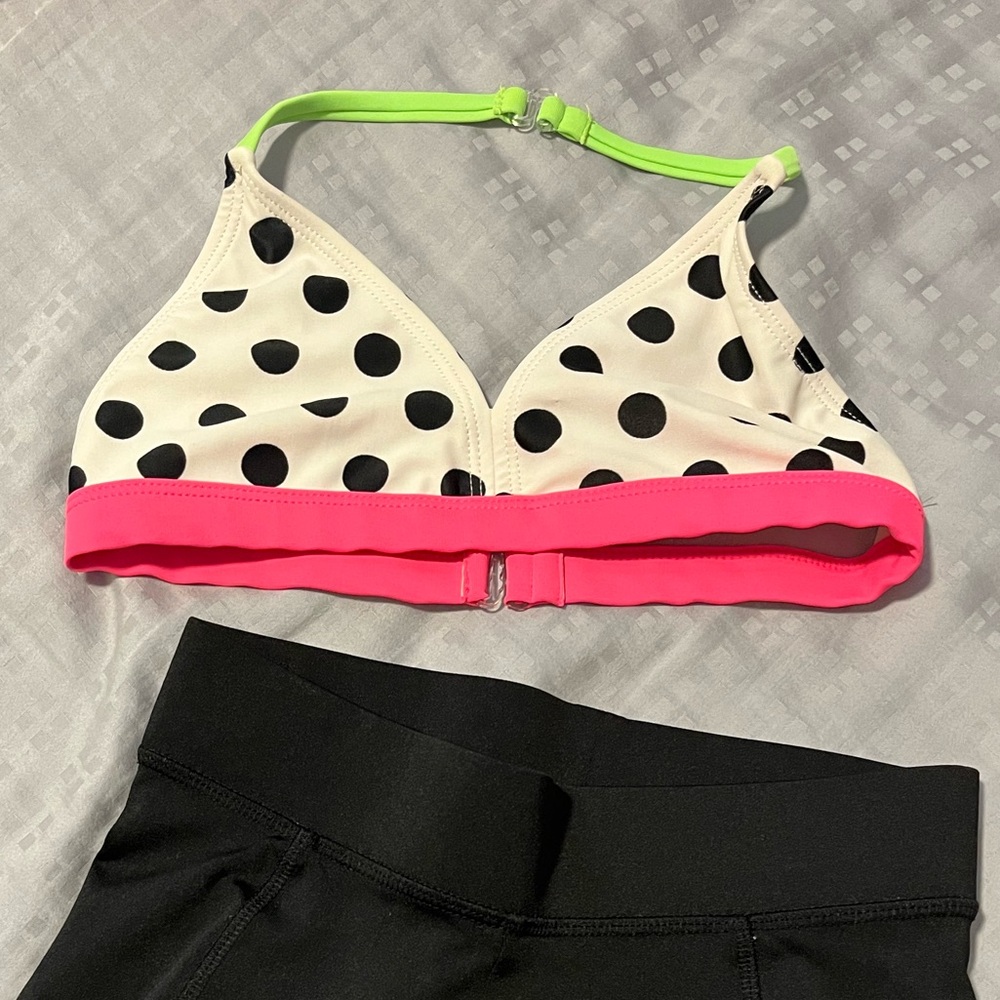 Polka Dot Bikini Top Girls 7/8 Medium White & Black Polka Dots Hot Pink & Green